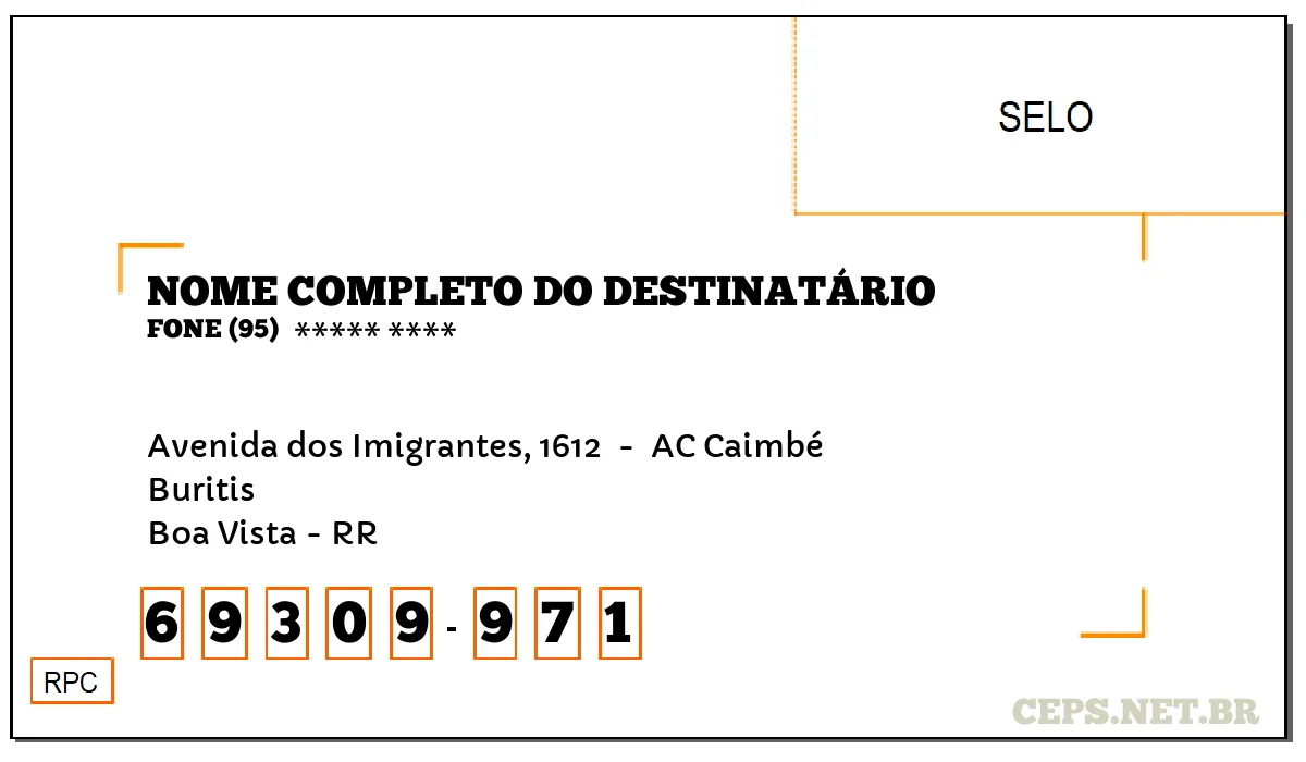 CEP BOA VISTA - RR, DDD 95, CEP 69309971, AVENIDA DOS IMIGRANTES, 1612 , BAIRRO BURITIS.