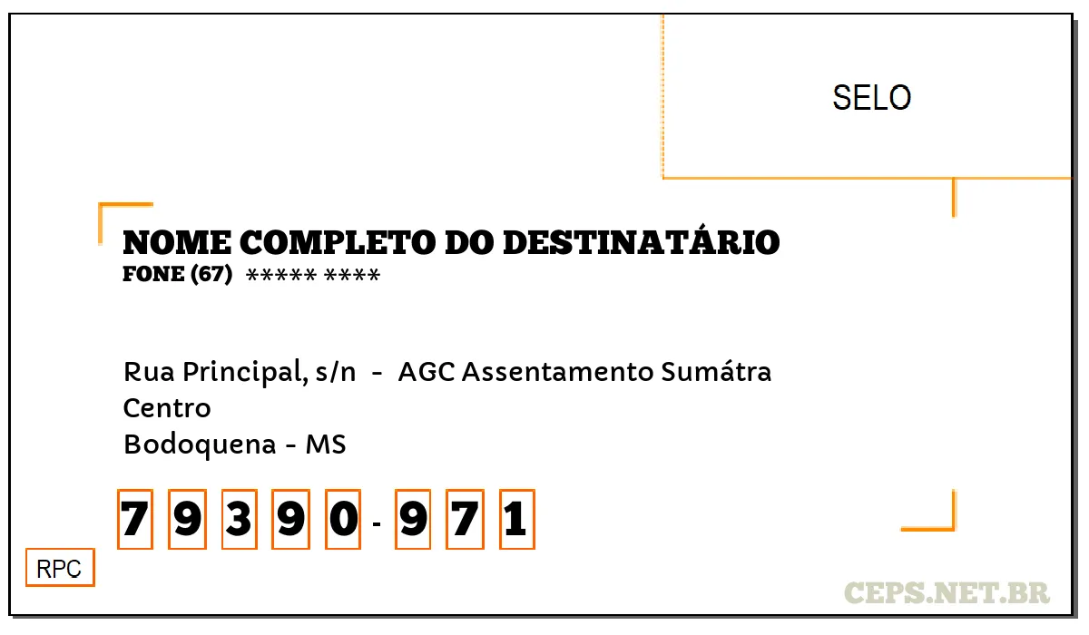 CEP BODOQUENA - MS, DDD 67, CEP 79390971, RUA PRINCIPAL, S/N , BAIRRO CENTRO.