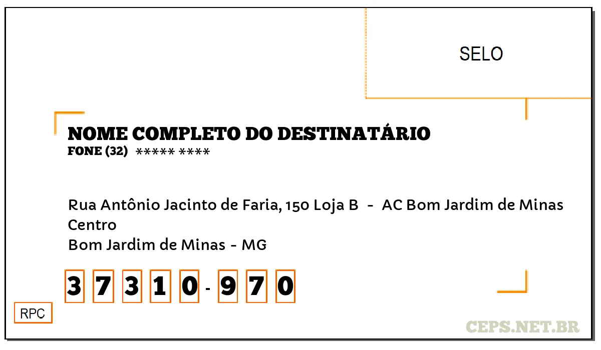 CEP BOM JARDIM DE MINAS - MG, DDD 32, CEP 37310970, RUA ANTÔNIO JACINTO DE FARIA, 150 LOJA B , BAIRRO CENTRO.