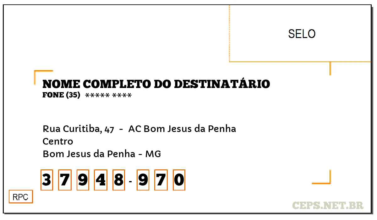 CEP BOM JESUS DA PENHA - MG, DDD 35, CEP 37948970, RUA CURITIBA, 47 , BAIRRO CENTRO.