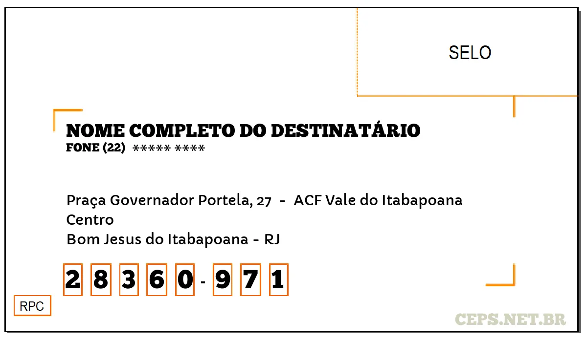 CEP BOM JESUS DO ITABAPOANA - RJ, DDD 22, CEP 28360971, PRAÇA GOVERNADOR PORTELA, 27 , BAIRRO CENTRO.