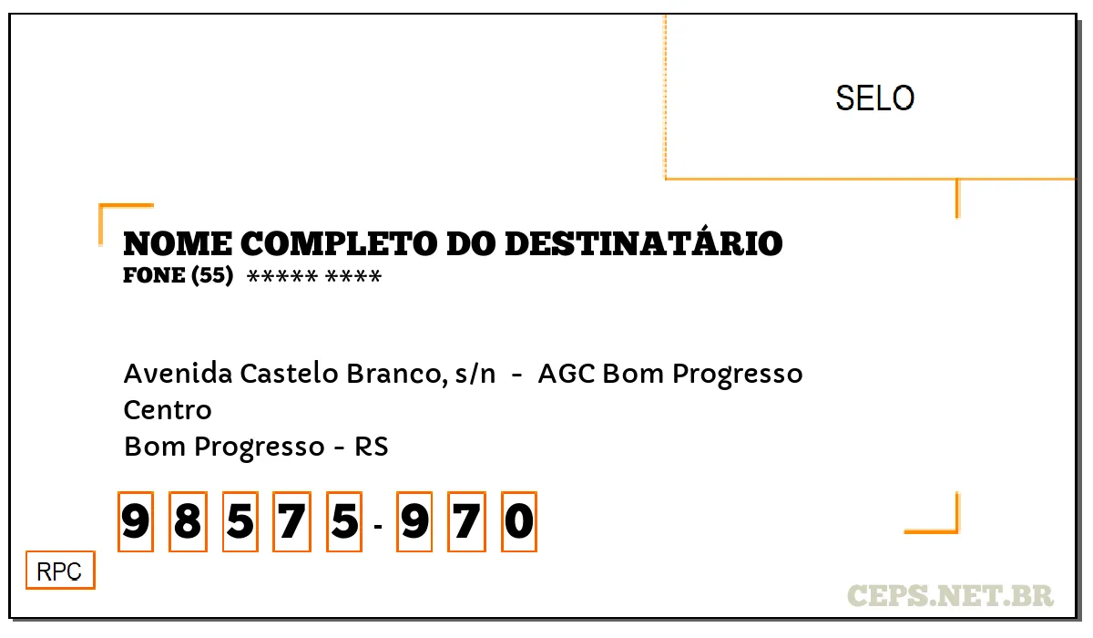 CEP BOM PROGRESSO - RS, DDD 55, CEP 98575970, AVENIDA CASTELO BRANCO, S/N , BAIRRO CENTRO.