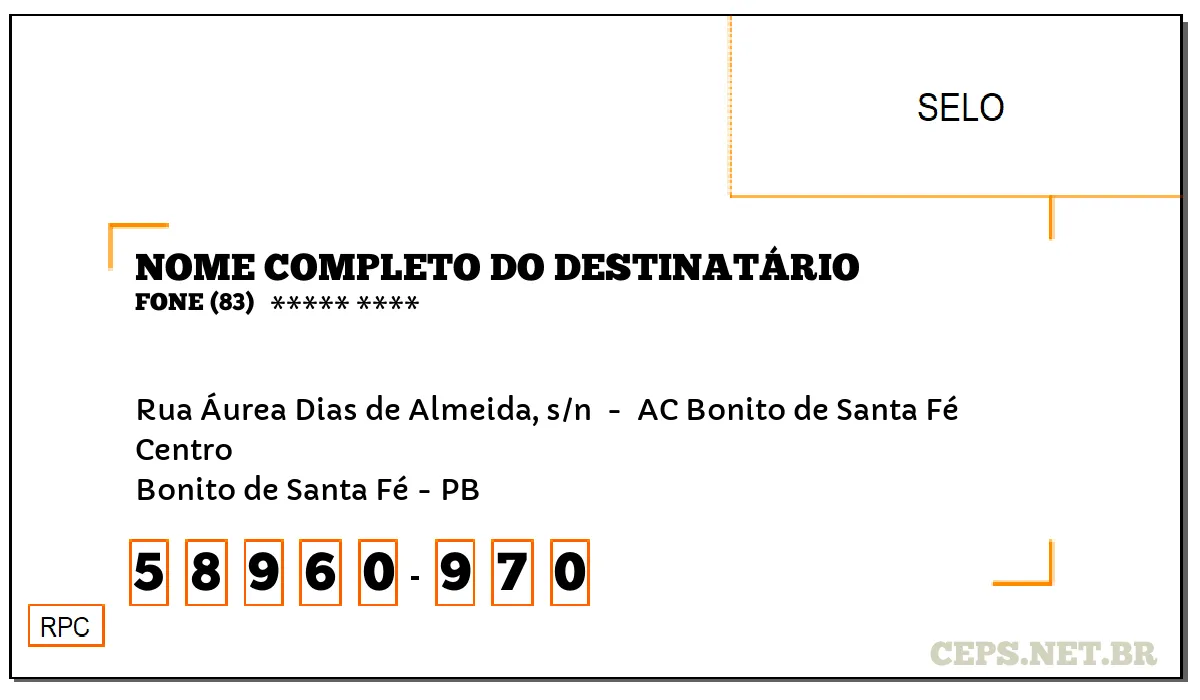 CEP BONITO DE SANTA FÉ - PB, DDD 83, CEP 58960970, RUA ÁUREA DIAS DE ALMEIDA, S/N , BAIRRO CENTRO.