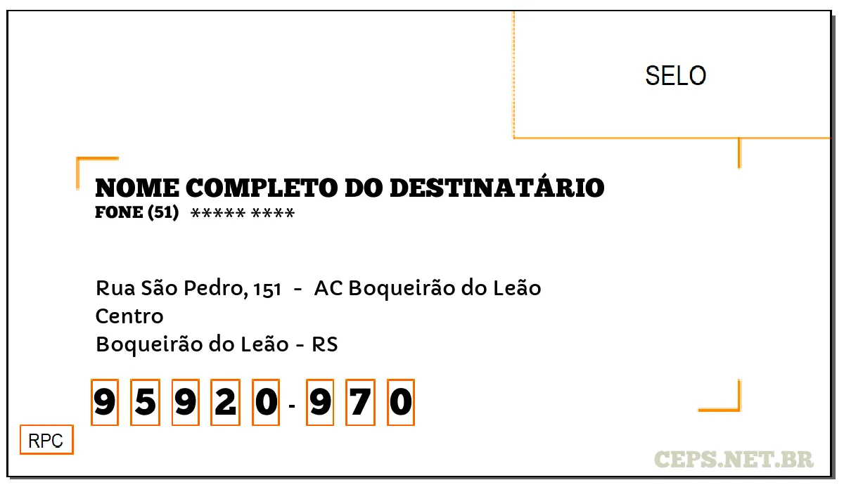 CEP BOQUEIRÃO DO LEÃO - RS, DDD 51, CEP 95920970, RUA SÃO PEDRO, 151 , BAIRRO CENTRO.