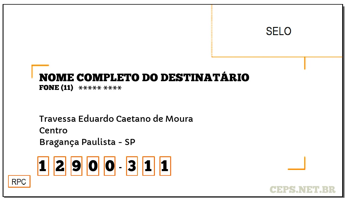 CEP BRAGANÇA PAULISTA - SP, DDD 11, CEP 12900311, TRAVESSA EDUARDO CAETANO DE MOURA, BAIRRO CENTRO.