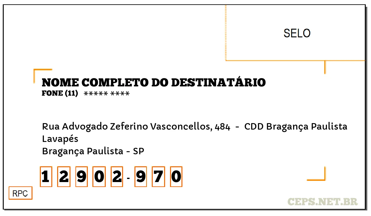 CEP BRAGANÇA PAULISTA - SP, DDD 11, CEP 12902970, RUA ADVOGADO ZEFERINO VASCONCELLOS, 484 , BAIRRO LAVAPÉS.