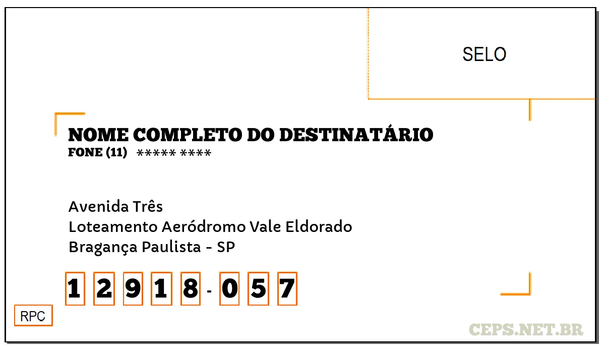 CEP BRAGANÇA PAULISTA - SP, DDD 11, CEP 12918057, AVENIDA TRÊS, BAIRRO LOTEAMENTO AERÓDROMO VALE ELDORADO.