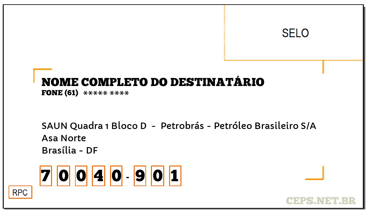 CEP BRASÍLIA - DF, DDD 61, CEP 70040901, SAUN QUADRA 1 BLOCO D , BAIRRO ASA NORTE.