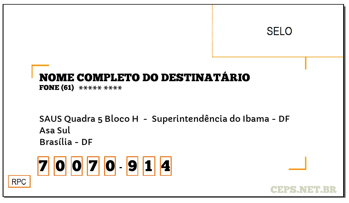 CEP BRASÍLIA - DF, DDD 61, CEP 70070914, SAUS QUADRA 5 BLOCO H , BAIRRO ASA SUL.