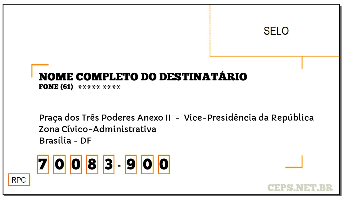 CEP BRASÍLIA - DF, DDD 61, CEP 70083900, PRAÇA DOS TRÊS PODERES ANEXO II , BAIRRO ZONA CÍVICO-ADMINISTRATIVA.