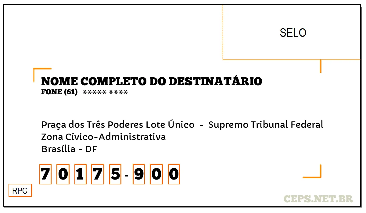 CEP BRASÍLIA - DF, DDD 61, CEP 70175900, PRAÇA DOS TRÊS PODERES LOTE ÚNICO , BAIRRO ZONA CÍVICO-ADMINISTRATIVA.