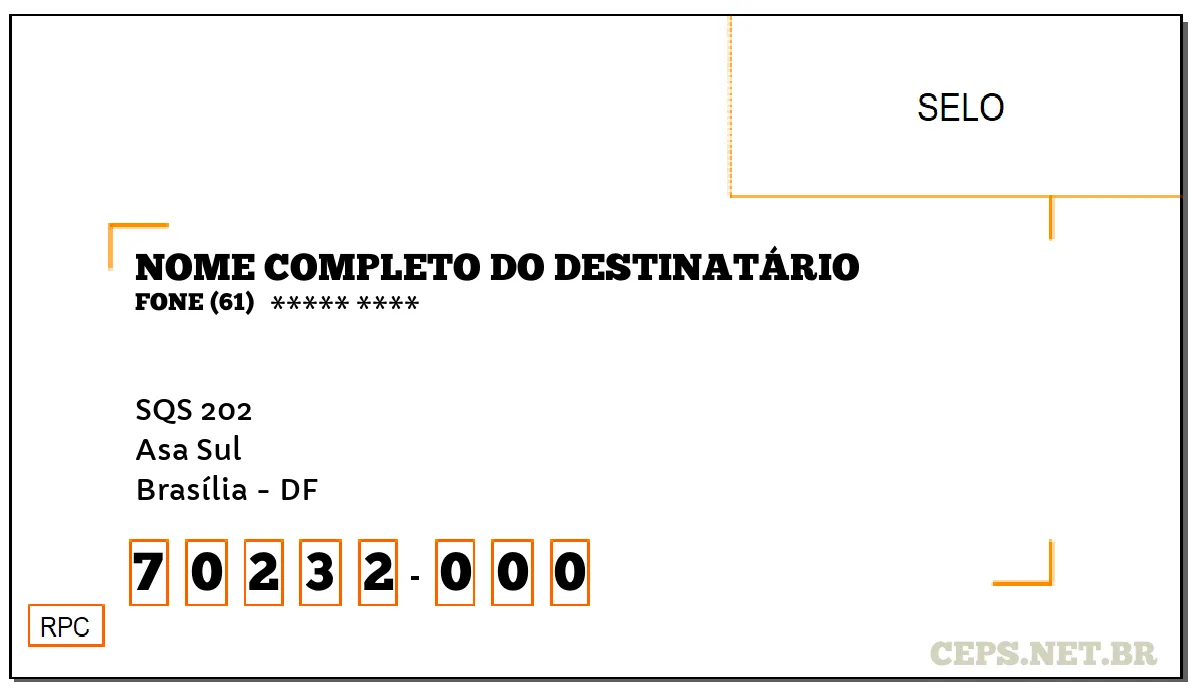 CEP BRASÍLIA - DF, DDD 61, CEP 70232000, SQS 202, BAIRRO ASA SUL.