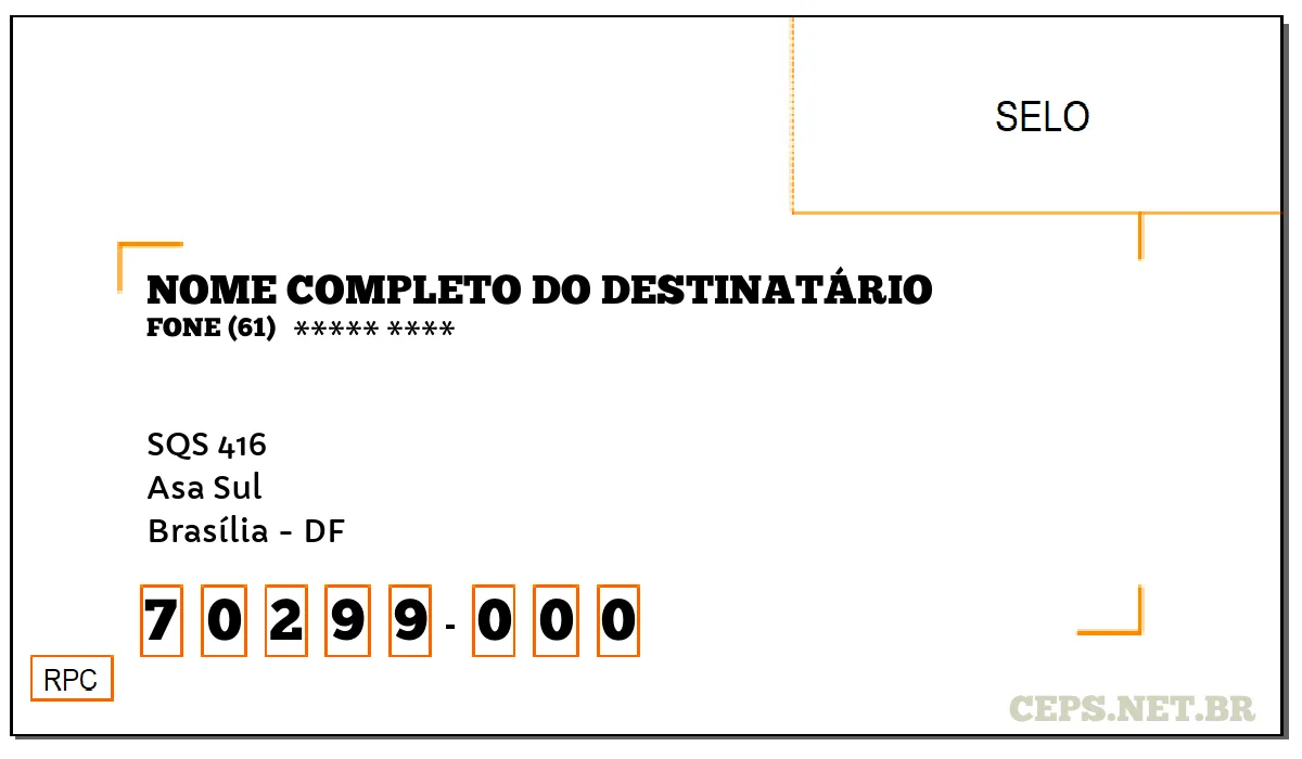 CEP BRASÍLIA - DF, DDD 61, CEP 70299000, SQS 416, BAIRRO ASA SUL.