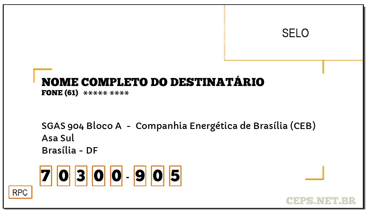 CEP BRASÍLIA - DF, DDD 61, CEP 70300905, SGAS 904 BLOCO A , BAIRRO ASA SUL.