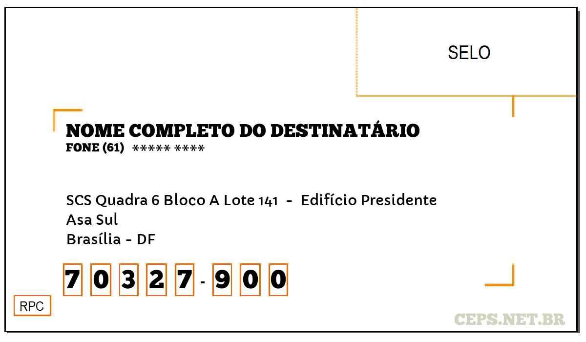 CEP BRASÍLIA - DF, DDD 61, CEP 70327900, SCS QUADRA 6 BLOCO A LOTE 141 , BAIRRO ASA SUL.