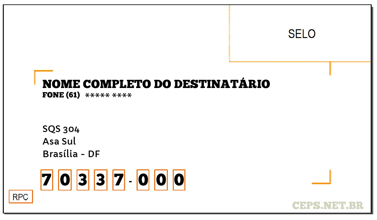 CEP BRASÍLIA - DF, DDD 61, CEP 70337000, SQS 304, BAIRRO ASA SUL.