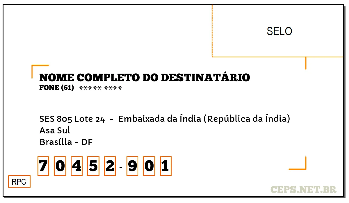 CEP BRASÍLIA - DF, DDD 61, CEP 70452901, SES 805 LOTE 24 , BAIRRO ASA SUL.