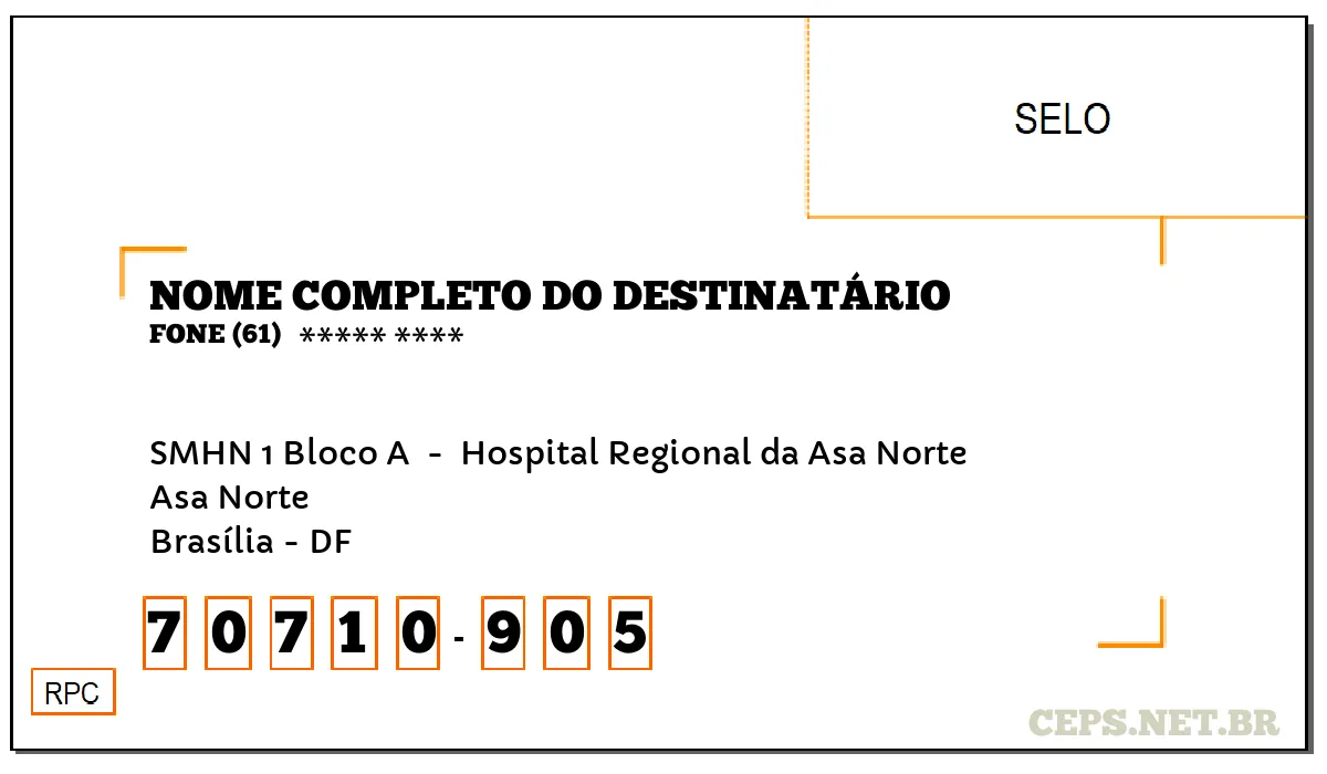 CEP BRASÍLIA - DF, DDD 61, CEP 70710905, SMHN 1 BLOCO A , BAIRRO ASA NORTE.