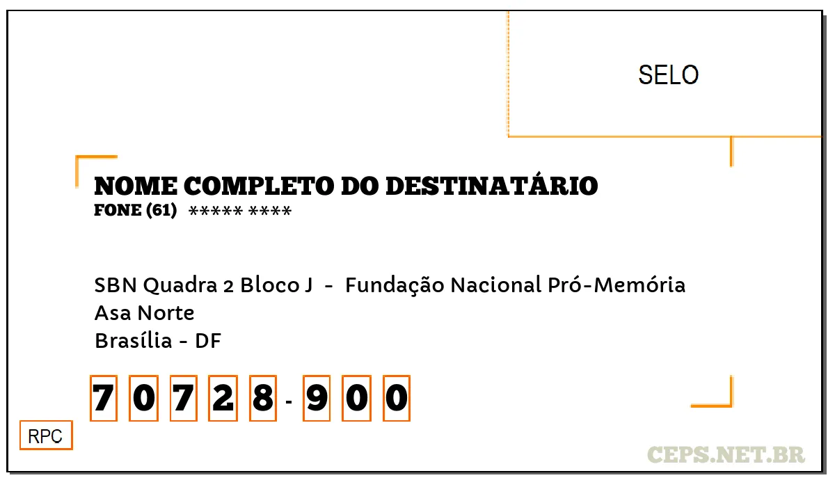 CEP BRASÍLIA - DF, DDD 61, CEP 70728900, SBN QUADRA 2 BLOCO J , BAIRRO ASA NORTE.