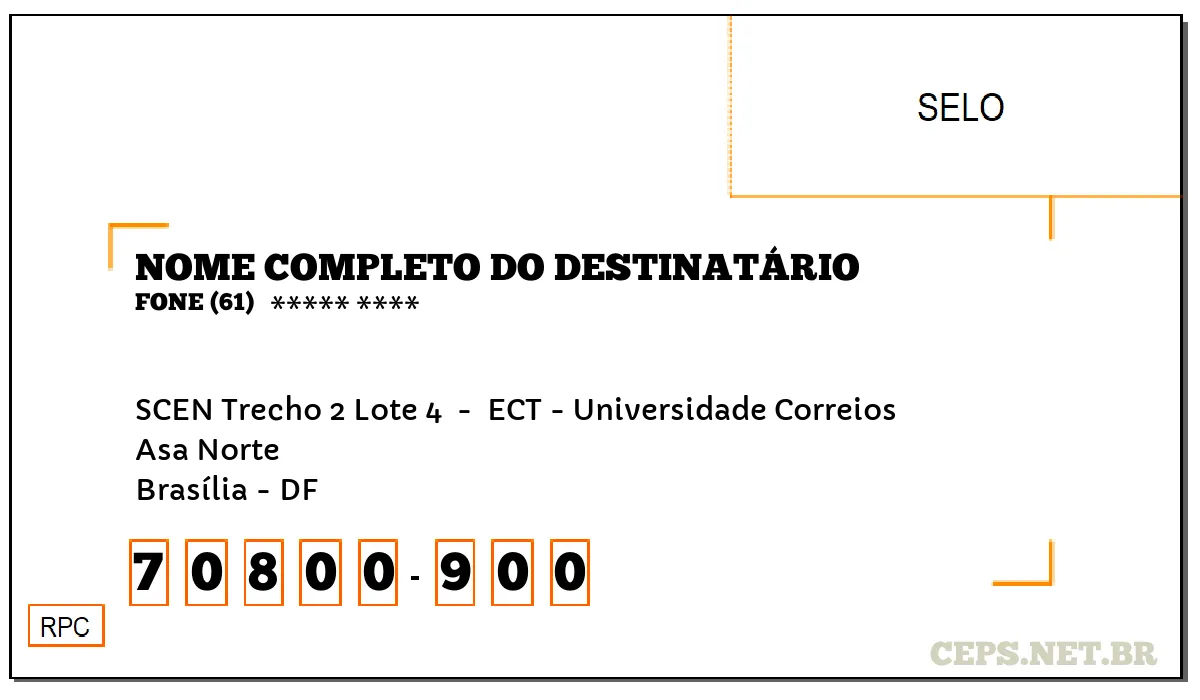 CEP BRASÍLIA - DF, DDD 61, CEP 70800900, SCEN TRECHO 2 LOTE 4 , BAIRRO ASA NORTE.