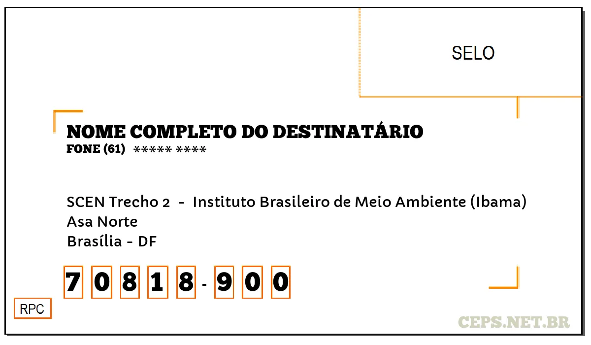 CEP BRASÍLIA - DF, DDD 61, CEP 70818900, SCEN TRECHO 2 , BAIRRO ASA NORTE.