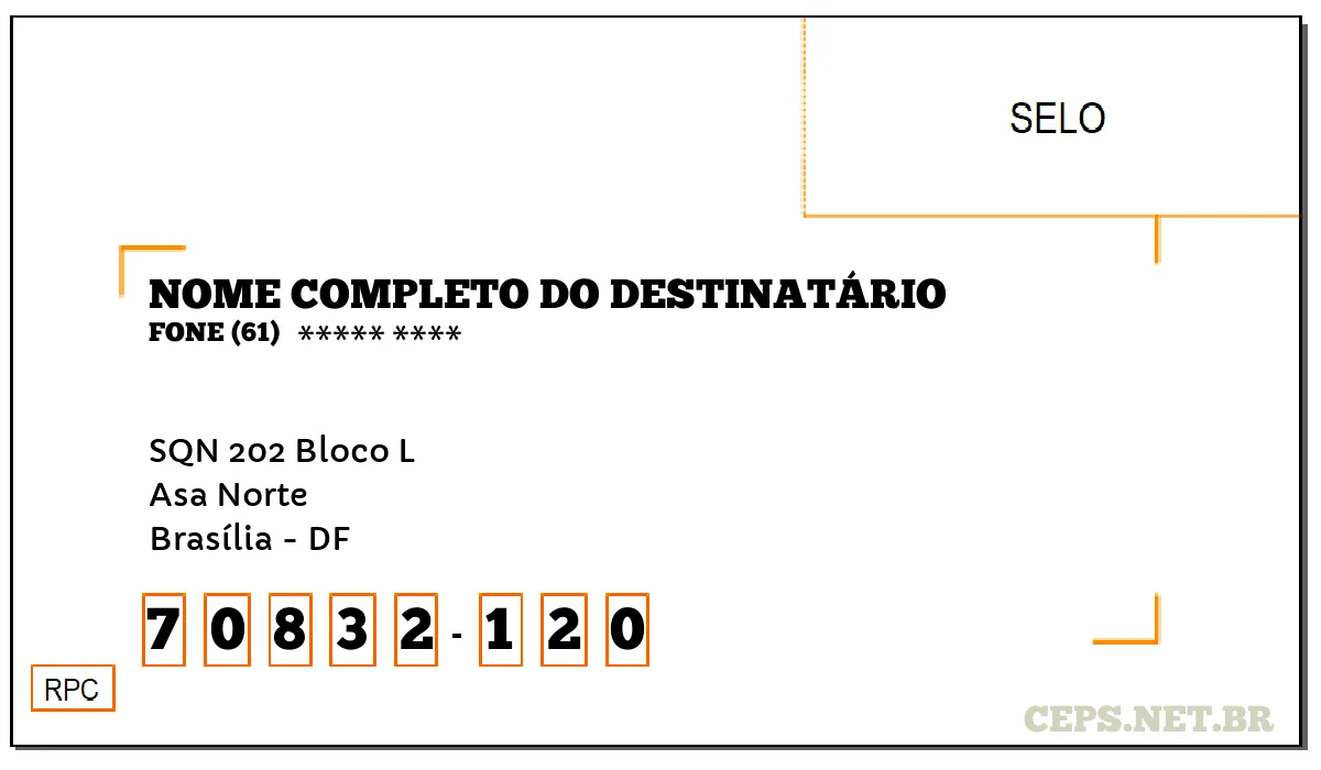 CEP BRASÍLIA - DF, DDD 61, CEP 70832120, SQN 202 BLOCO L, BAIRRO ASA NORTE.