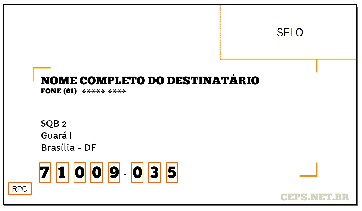 CEP BRASÍLIA - DF, DDD 61, CEP 71009035, SQB 2, BAIRRO GUARÁ I.