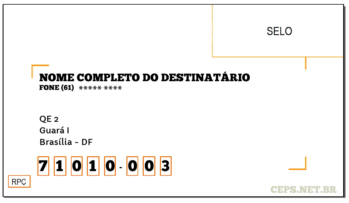 CEP BRASÍLIA - DF, DDD 61, CEP 71010003, QE 2, BAIRRO GUARÁ I.