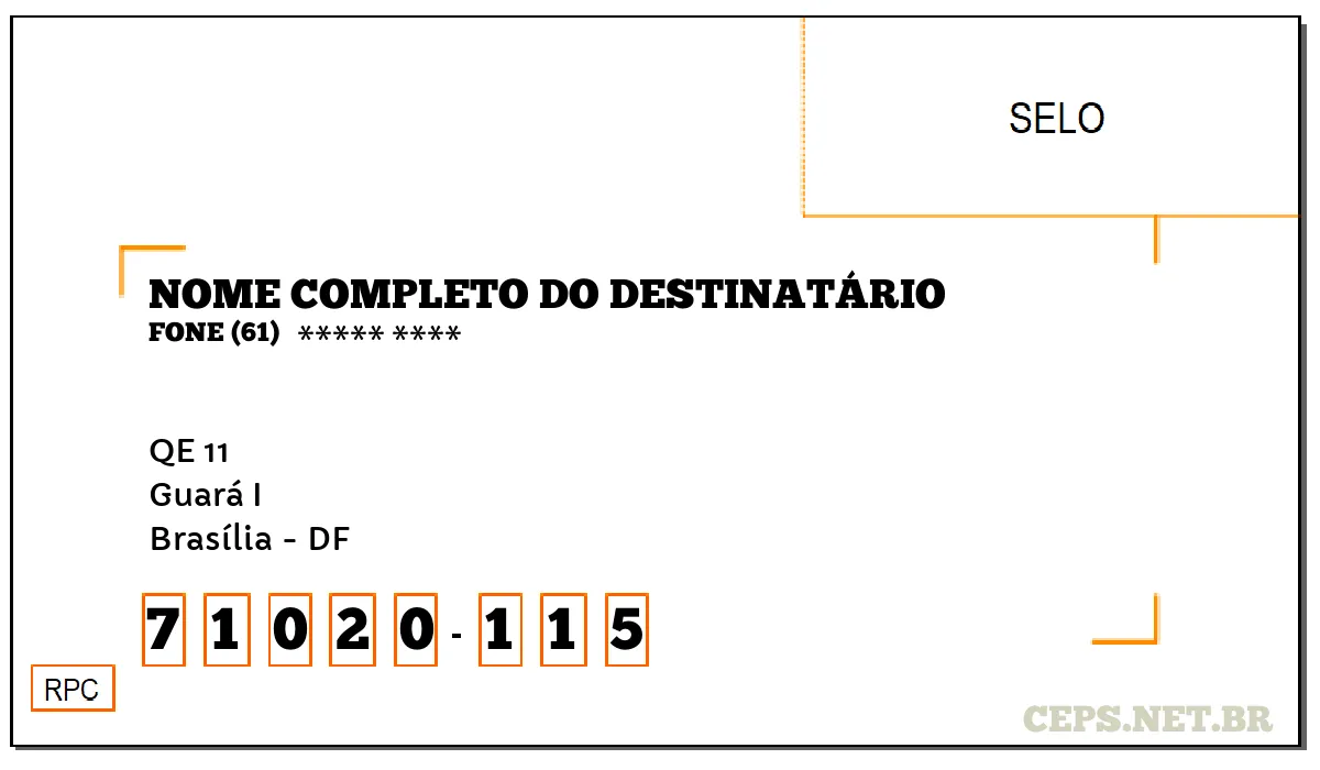 CEP BRASÍLIA - DF, DDD 61, CEP 71020115, QE 11, BAIRRO GUARÁ I.