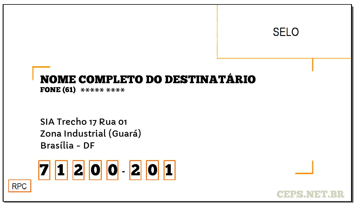 CEP BRASÍLIA - DF, DDD 61, CEP 71200201, SIA TRECHO 17 RUA 01, BAIRRO ZONA INDUSTRIAL (GUARÁ).