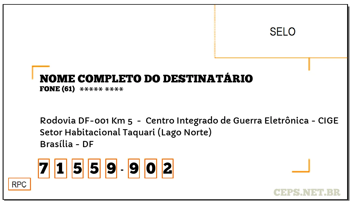 CEP BRASÍLIA - DF, DDD 61, CEP 71559902, RODOVIA DF-001 KM 5 , BAIRRO SETOR HABITACIONAL TAQUARI (LAGO NORTE).