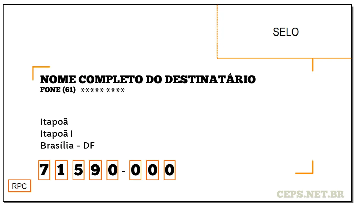 CEP BRASÍLIA - DF, DDD 61, CEP 71590000, ITAPOÃ, BAIRRO ITAPOÃ I.