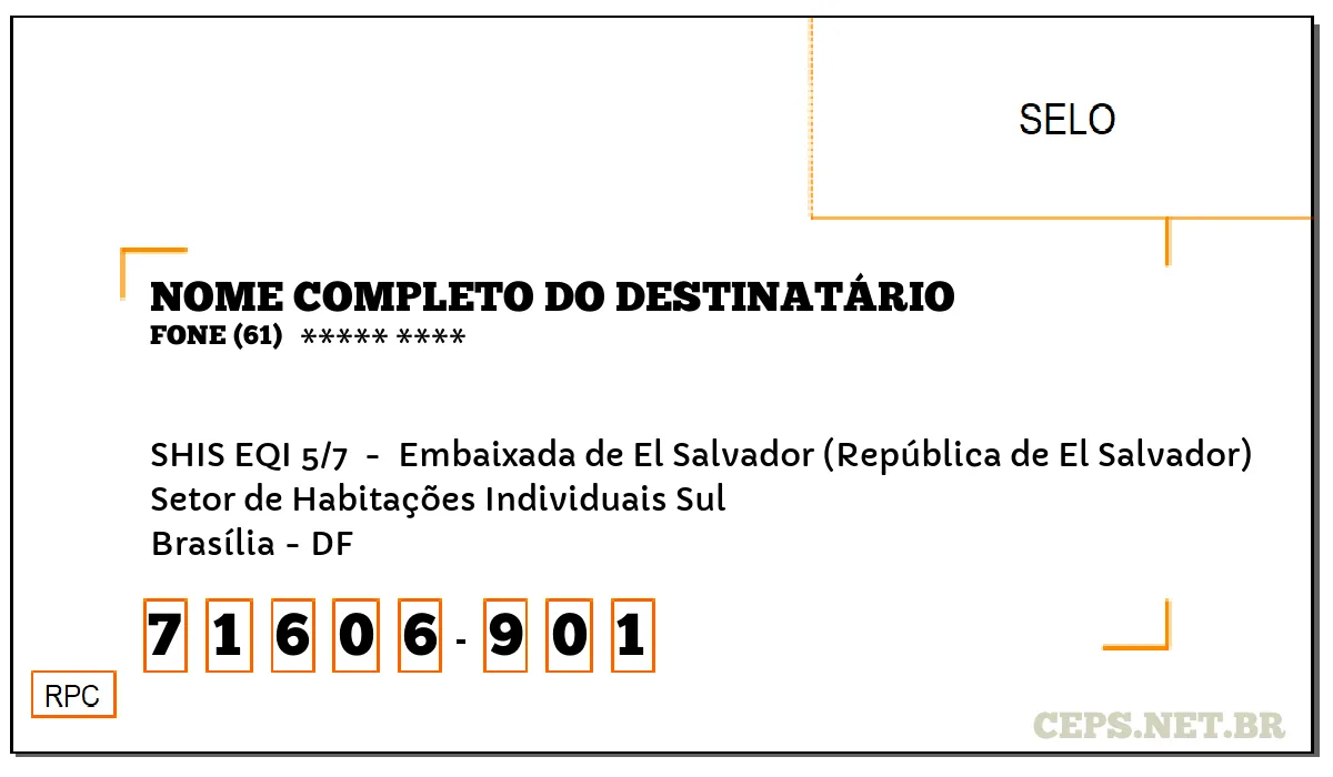 CEP BRASÍLIA - DF, DDD 61, CEP 71606901, SHIS EQI 5/7 , BAIRRO SETOR DE HABITAÇÕES INDIVIDUAIS SUL.