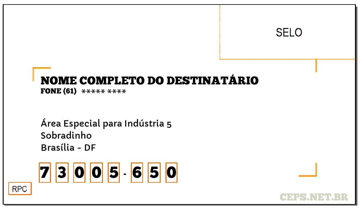 CEP BRASÍLIA - DF, DDD 61, CEP 73005650, ÁREA ESPECIAL PARA INDÚSTRIA 5, BAIRRO SOBRADINHO.