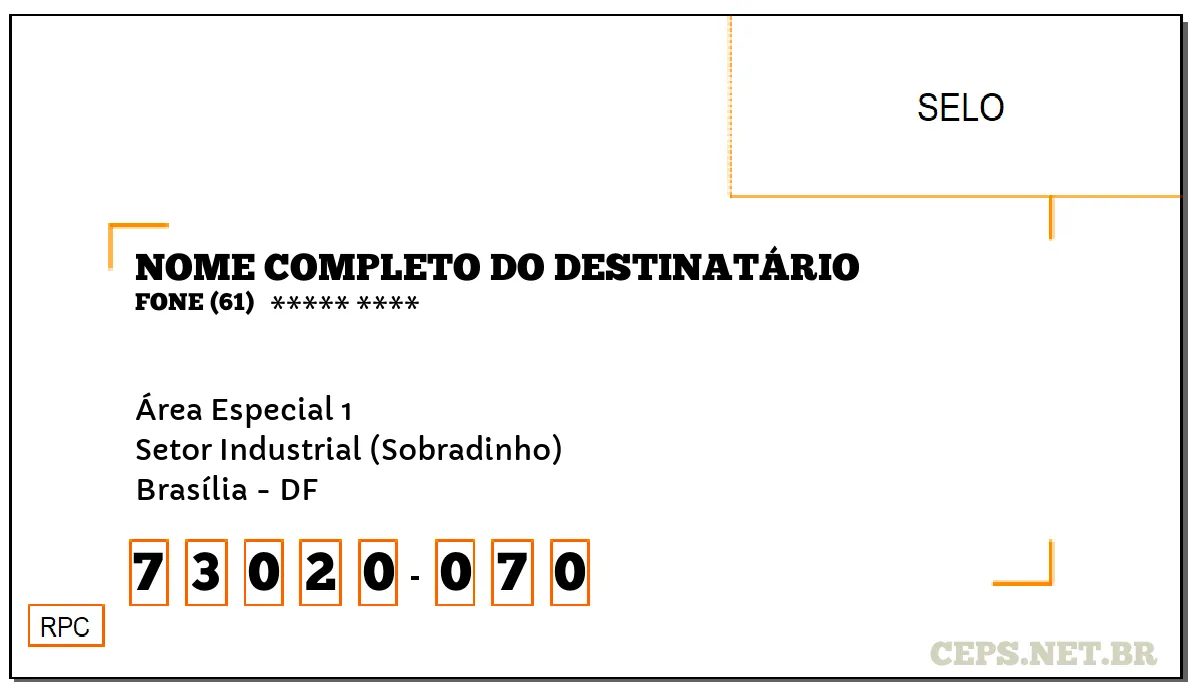 CEP BRASÍLIA - DF, DDD 61, CEP 73020070, ÁREA ESPECIAL 1, BAIRRO SETOR INDUSTRIAL (SOBRADINHO).