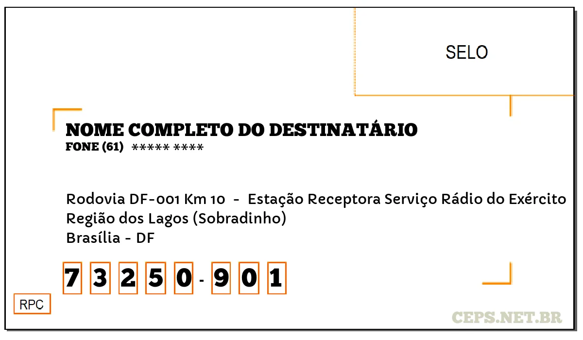 CEP BRASÍLIA - DF, DDD 61, CEP 73250901, RODOVIA DF-001 KM 10 , BAIRRO REGIÃO DOS LAGOS (SOBRADINHO).