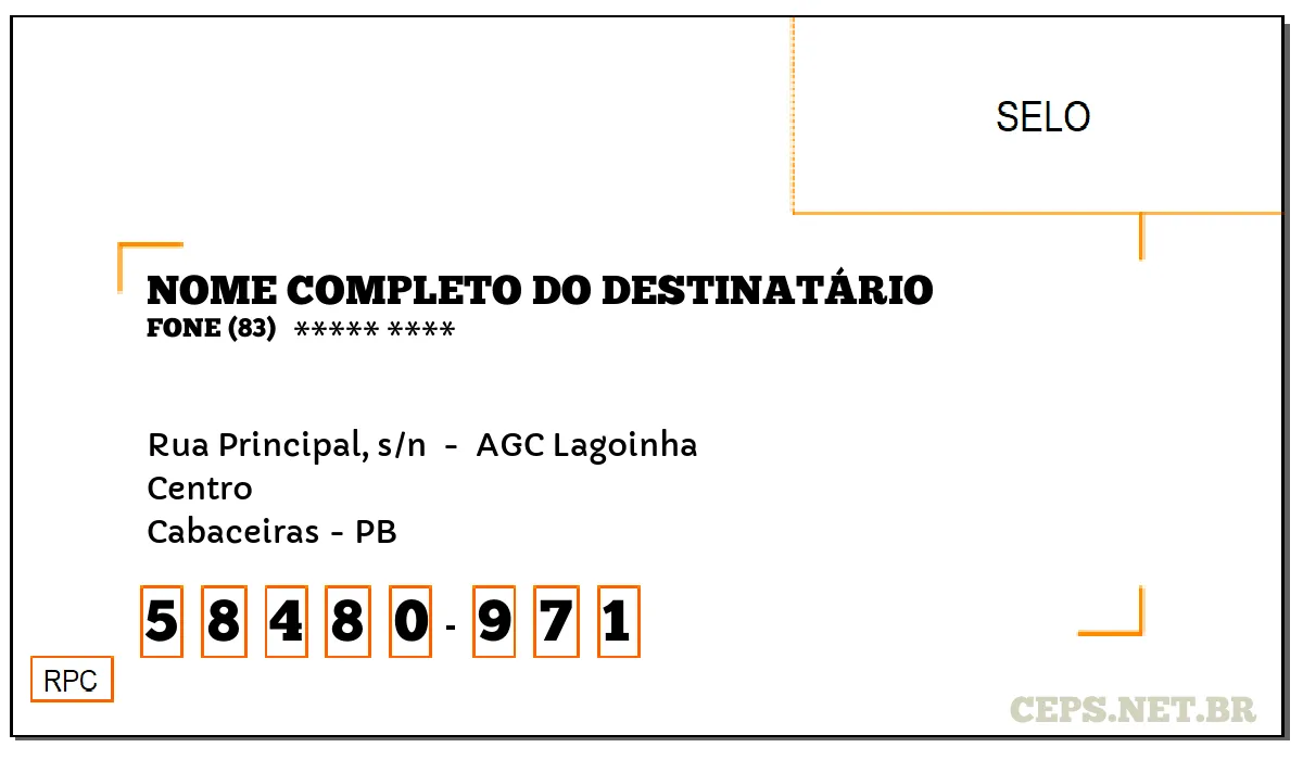 CEP CABACEIRAS - PB, DDD 83, CEP 58480971, RUA PRINCIPAL, S/N , BAIRRO CENTRO.