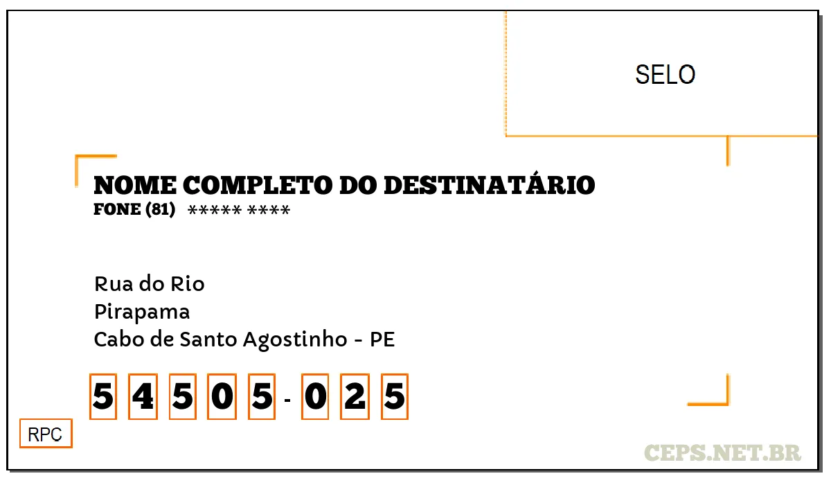 CEP CABO DE SANTO AGOSTINHO - PE, DDD 81, CEP 54505025, RUA DO RIO, BAIRRO PIRAPAMA.