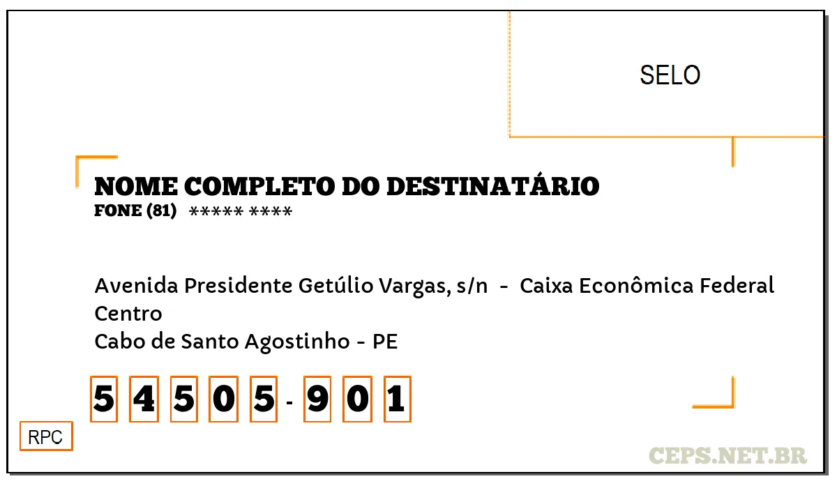 CEP CABO DE SANTO AGOSTINHO - PE, DDD 81, CEP 54505901, AVENIDA PRESIDENTE GETÚLIO VARGAS, S/N , BAIRRO CENTRO.