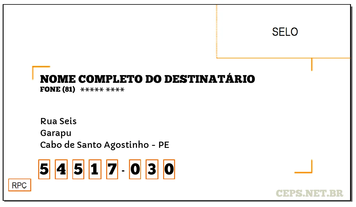 CEP CABO DE SANTO AGOSTINHO - PE, DDD 81, CEP 54517030, RUA SEIS, BAIRRO GARAPU.