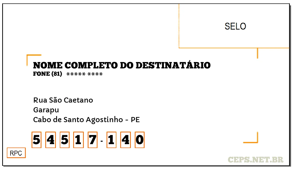 CEP CABO DE SANTO AGOSTINHO - PE, DDD 81, CEP 54517140, RUA SÃO CAETANO, BAIRRO GARAPU.