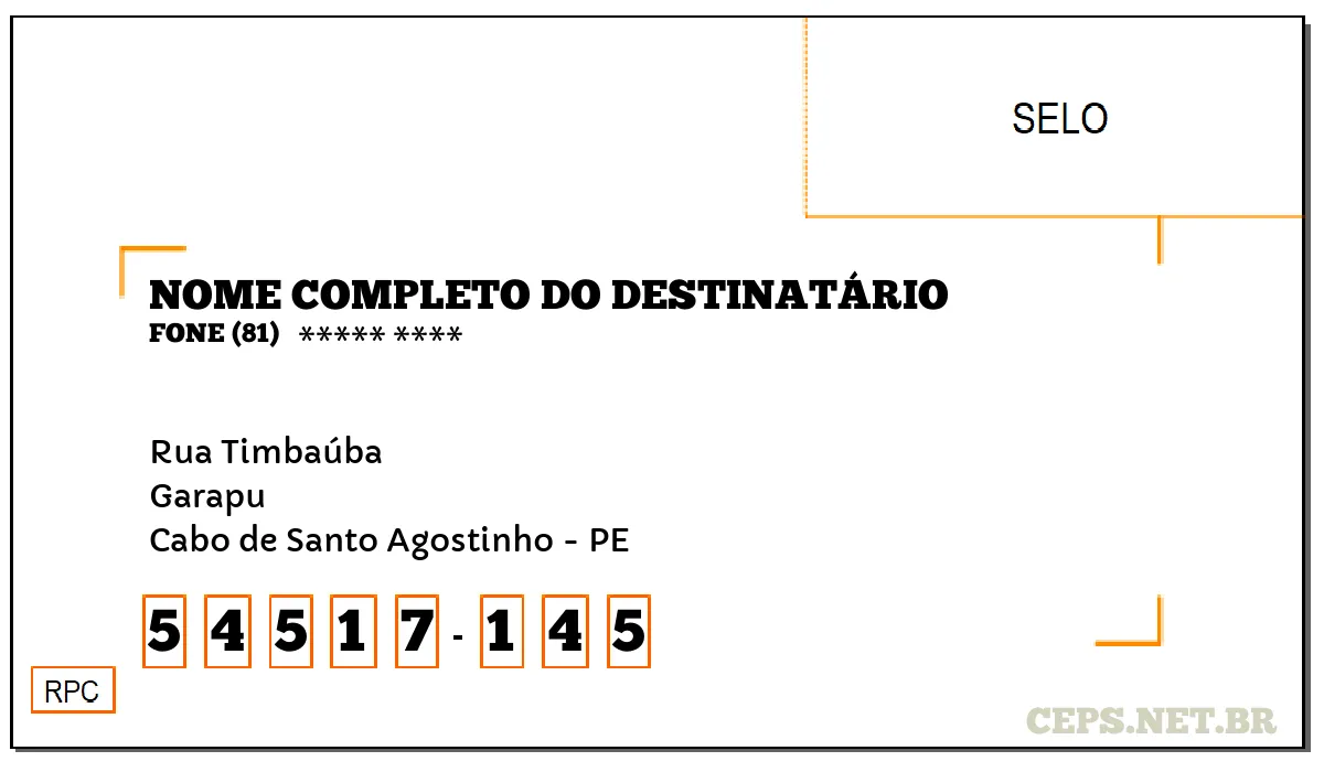 CEP CABO DE SANTO AGOSTINHO - PE, DDD 81, CEP 54517145, RUA TIMBAÚBA, BAIRRO GARAPU.