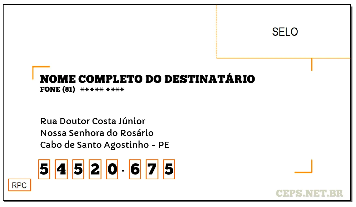 CEP CABO DE SANTO AGOSTINHO - PE, DDD 81, CEP 54520675, RUA DOUTOR COSTA JÚNIOR, BAIRRO NOSSA SENHORA DO ROSÁRIO.