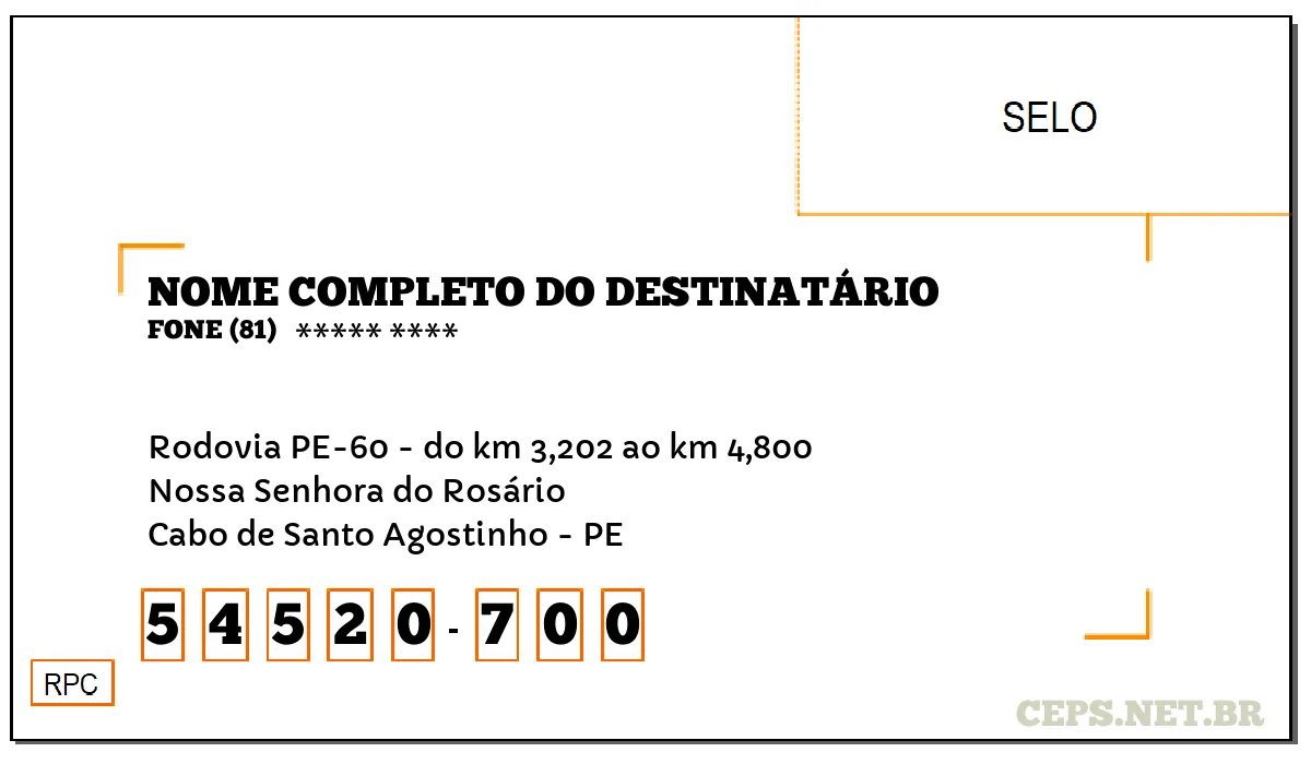 CEP CABO DE SANTO AGOSTINHO - PE, DDD 81, CEP 54520700, RODOVIA PE-60 - DO KM 3,202 AO KM 4,800, BAIRRO NOSSA SENHORA DO ROSÁRIO.