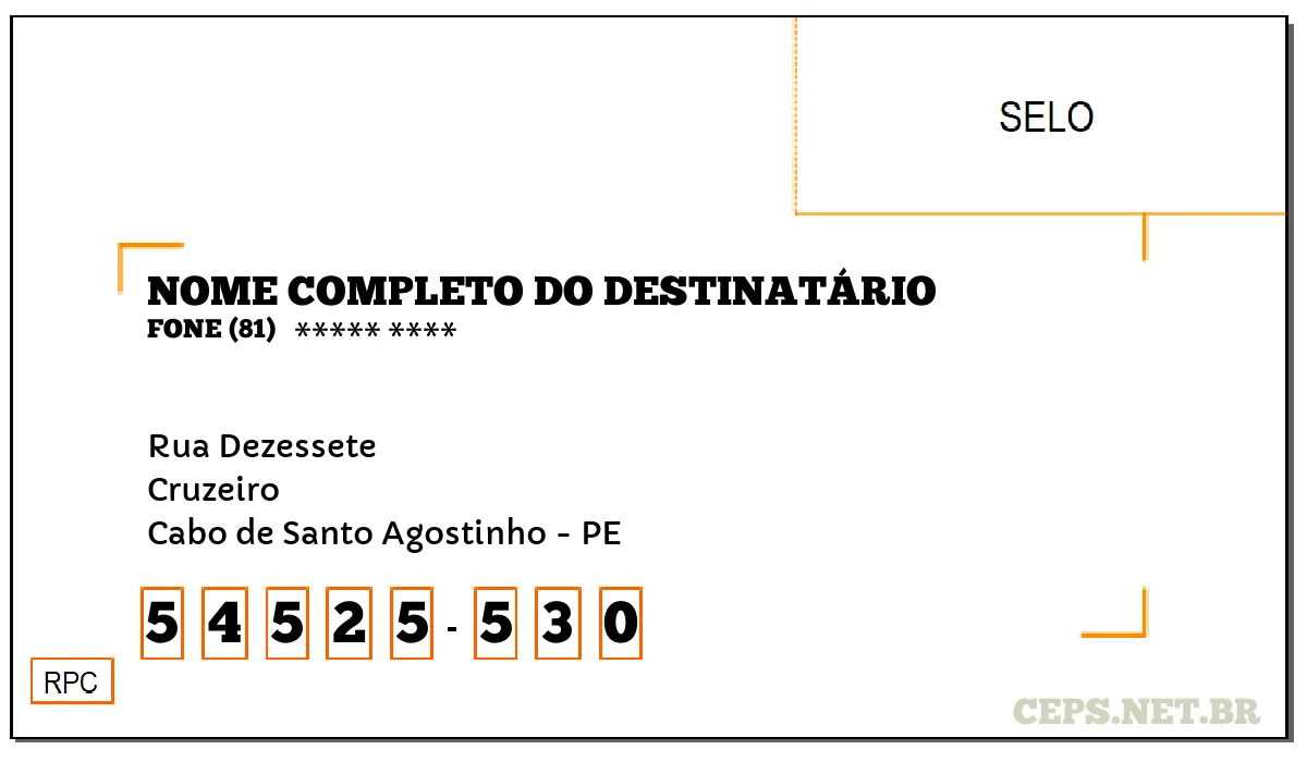 CEP CABO DE SANTO AGOSTINHO - PE, DDD 81, CEP 54525530, RUA DEZESSETE, BAIRRO CRUZEIRO.