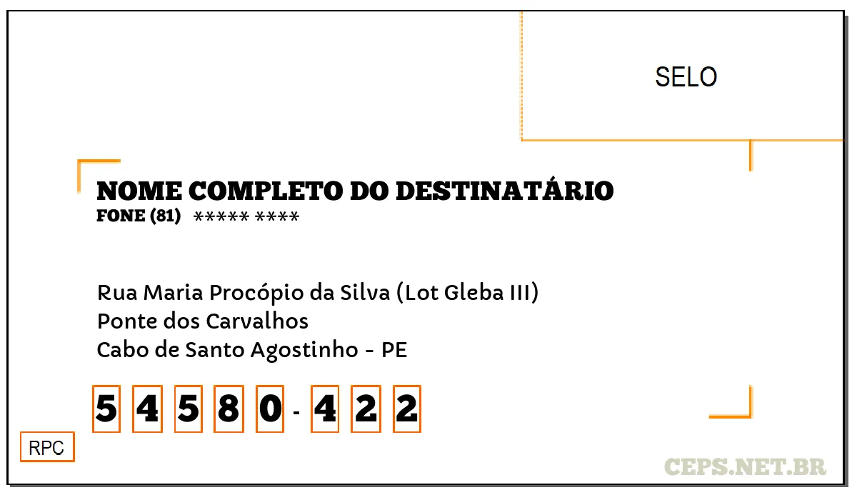 CEP CABO DE SANTO AGOSTINHO - PE, DDD 81, CEP 54580422, RUA MARIA PROCÓPIO DA SILVA (LOT GLEBA III), BAIRRO PONTE DOS CARVALHOS.