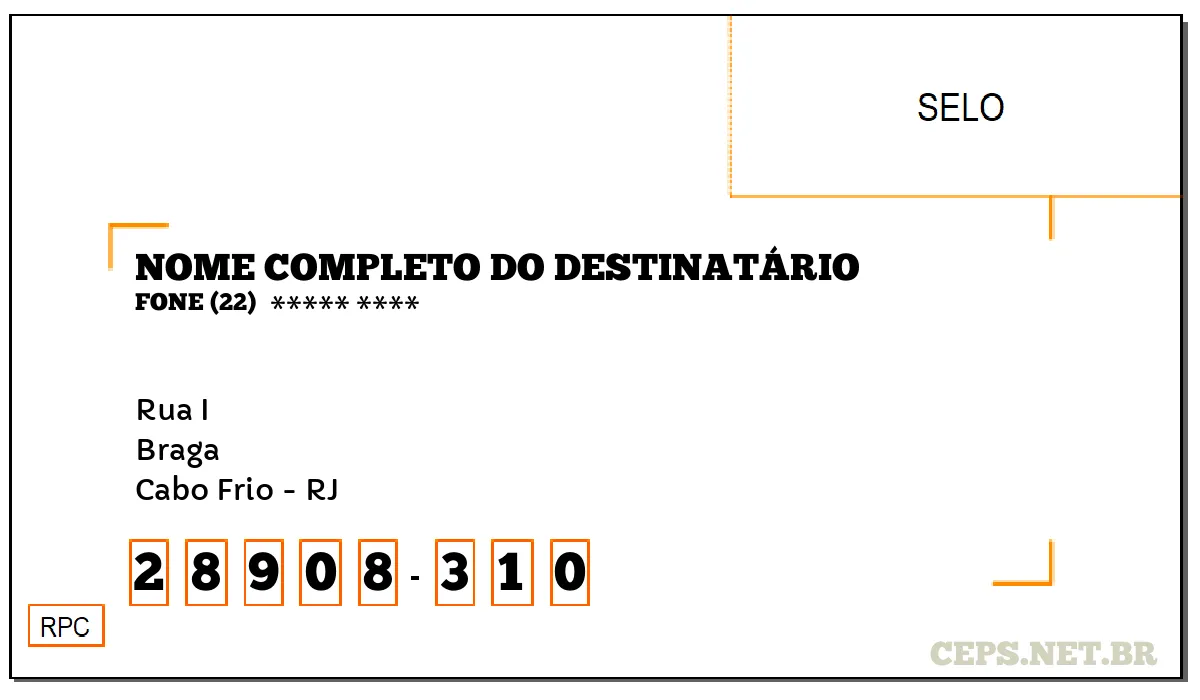 CEP CABO FRIO - RJ, DDD 22, CEP 28908310, RUA I, BAIRRO BRAGA.