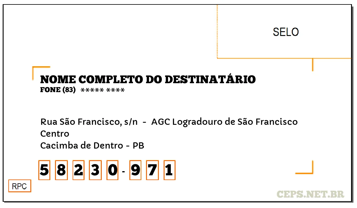 CEP CACIMBA DE DENTRO - PB, DDD 83, CEP 58230971, RUA SÃO FRANCISCO, S/N , BAIRRO CENTRO.