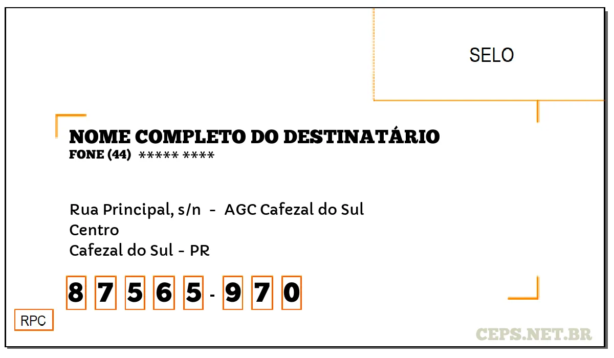 CEP CAFEZAL DO SUL - PR, DDD 44, CEP 87565970, RUA PRINCIPAL, S/N , BAIRRO CENTRO.