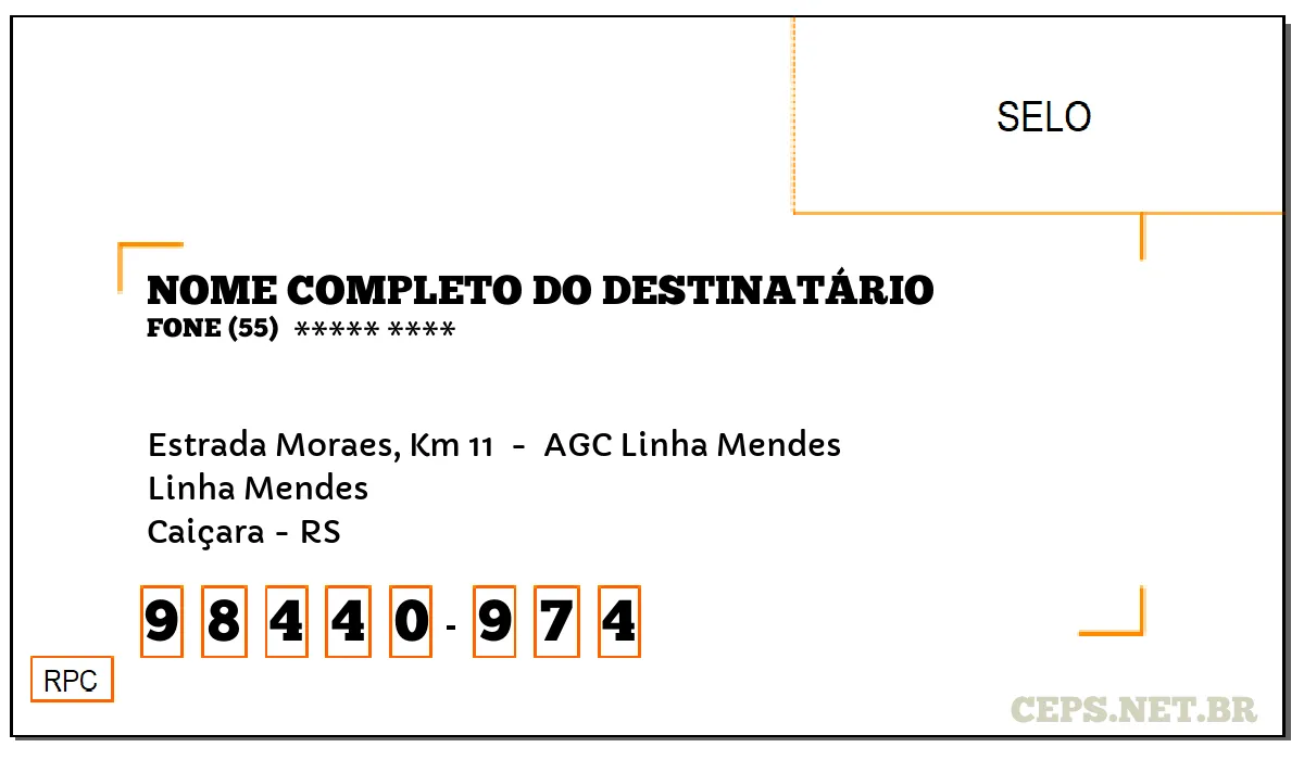 CEP CAIÇARA - RS, DDD 55, CEP 98440974, ESTRADA MORAES, KM 11 , BAIRRO LINHA MENDES.